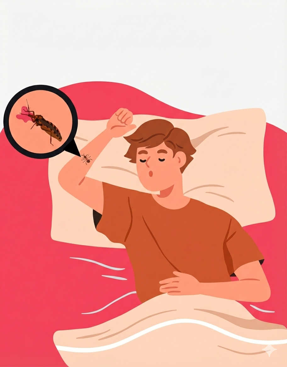 Hombre con una vinchuca cerca